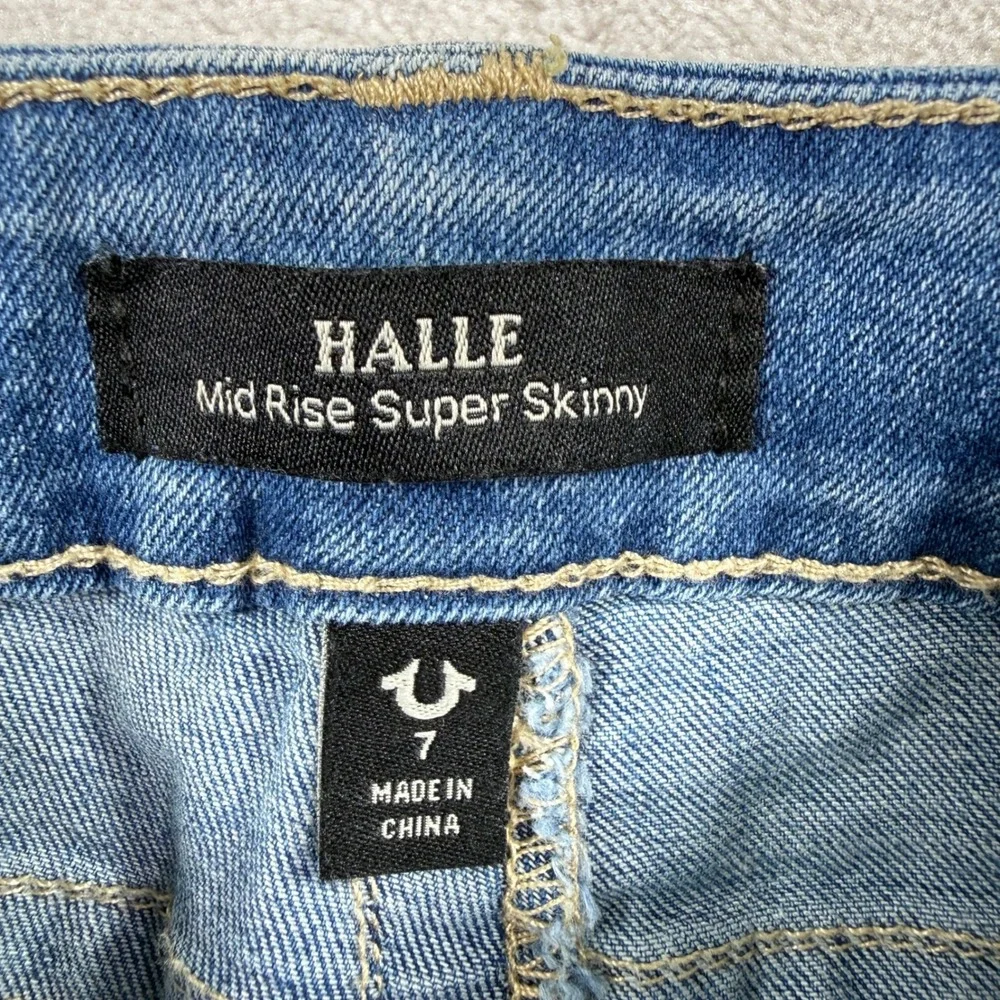 True Religion Halle Girls Super Skinny Jeans Size 7 Sequin Star Distressed Blue